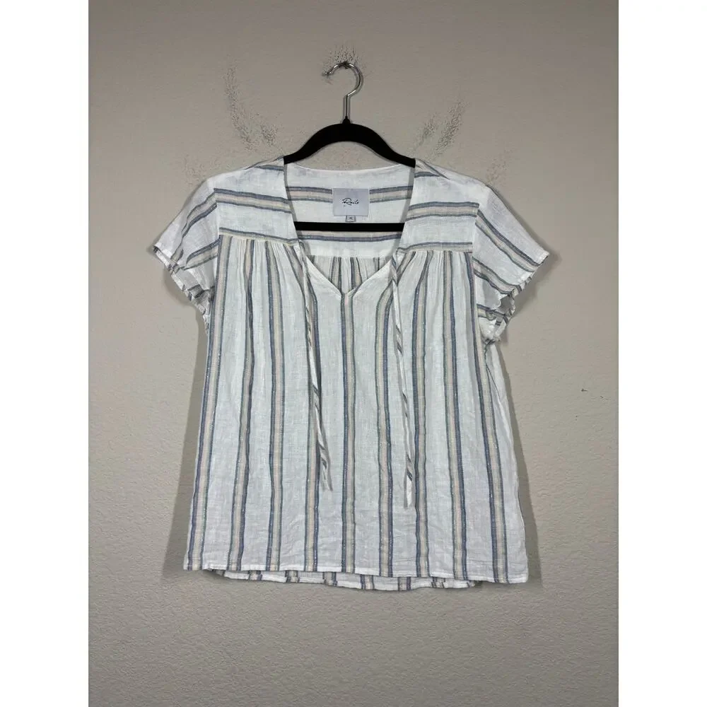 Rails XS Rylan Stripe Viera Top Blouse White Linen Rayon Metallic Cap Sleeves